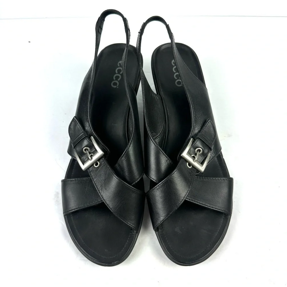Ecco Criss Cross Wedge Shoes 42 Black Leather Slingback Shoes‎ Womens